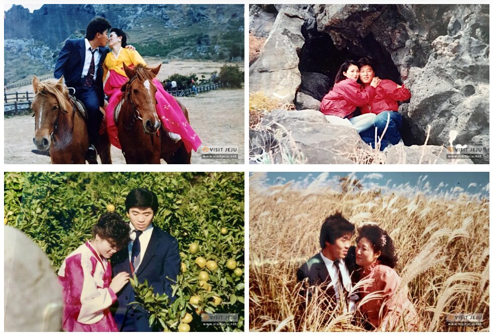 택시를 타고 다니며 관광지를 둘러보고 사진을 찍던 1980년대 제주 신혼여행의 모습