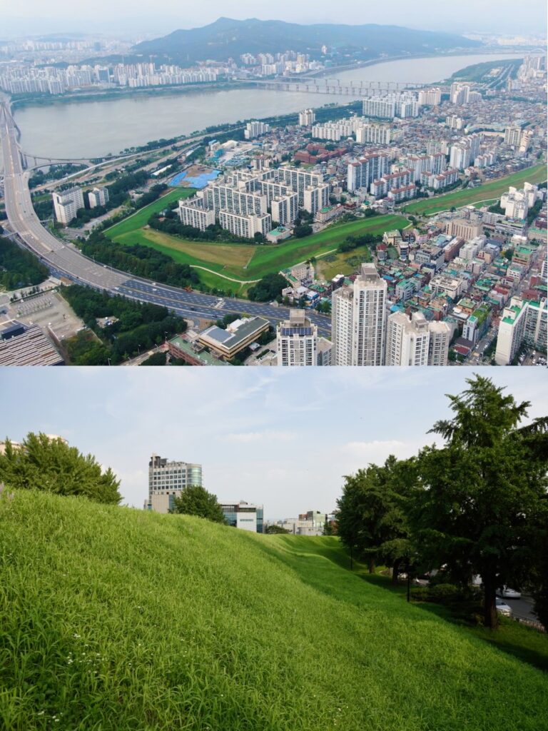 한강변 풍납토성 일대 항공 전경과 토성 성벽